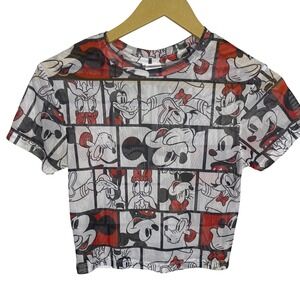 Disney Mickey and Friends Mesh Sheer Crop Top Cartoon Print Short Sleeve Small